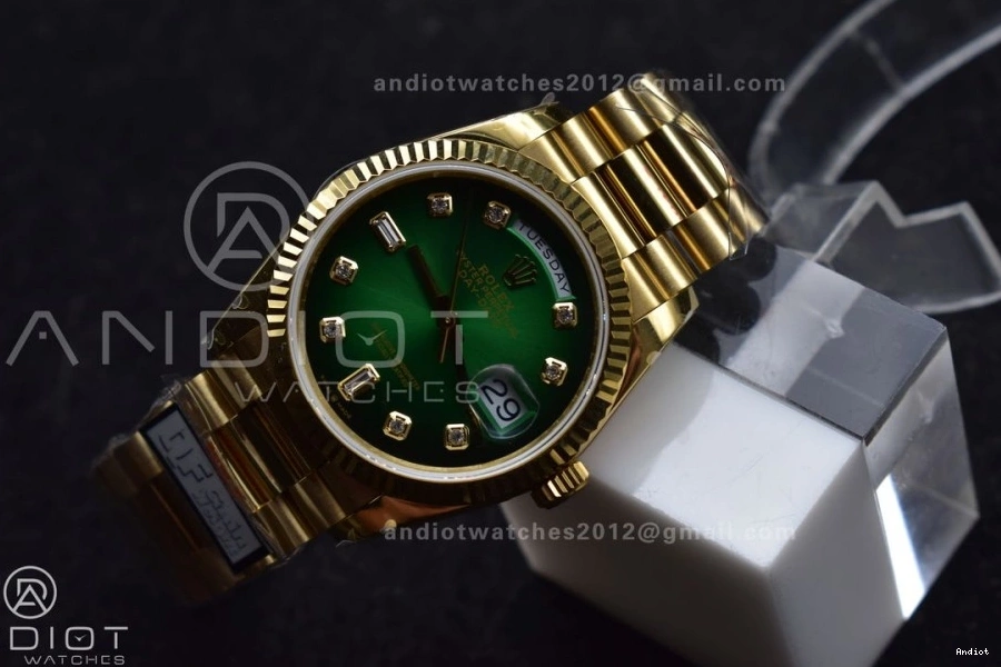 Faded with Square V5 DayDate 904L Diamond vr3255 Steel on YG 692 President Bracelet Reliable Best Edition Green 36 Dial (Gain Weight) QF 0718